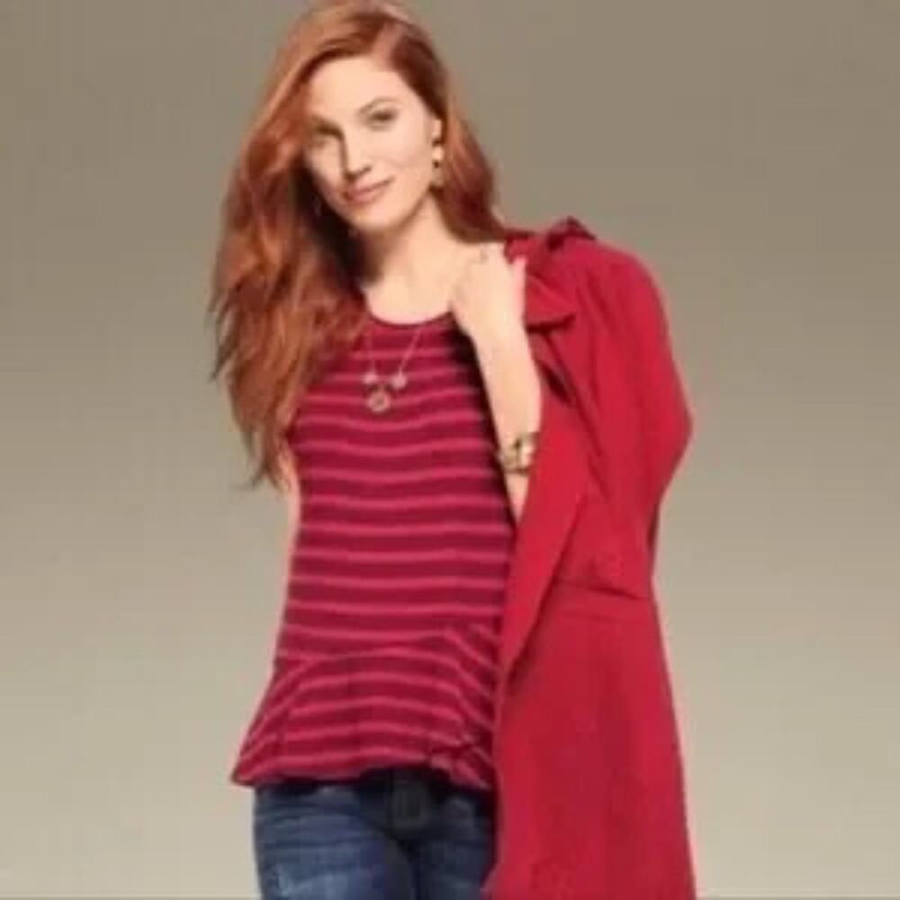 Cabi Sweet Talk maroon red striped ruffle hem jersey knit‎ top Small #3631